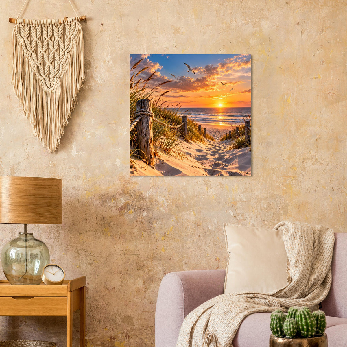 Poster mit Dünen, Sonnenuntergang und Dünenzaun am Strand