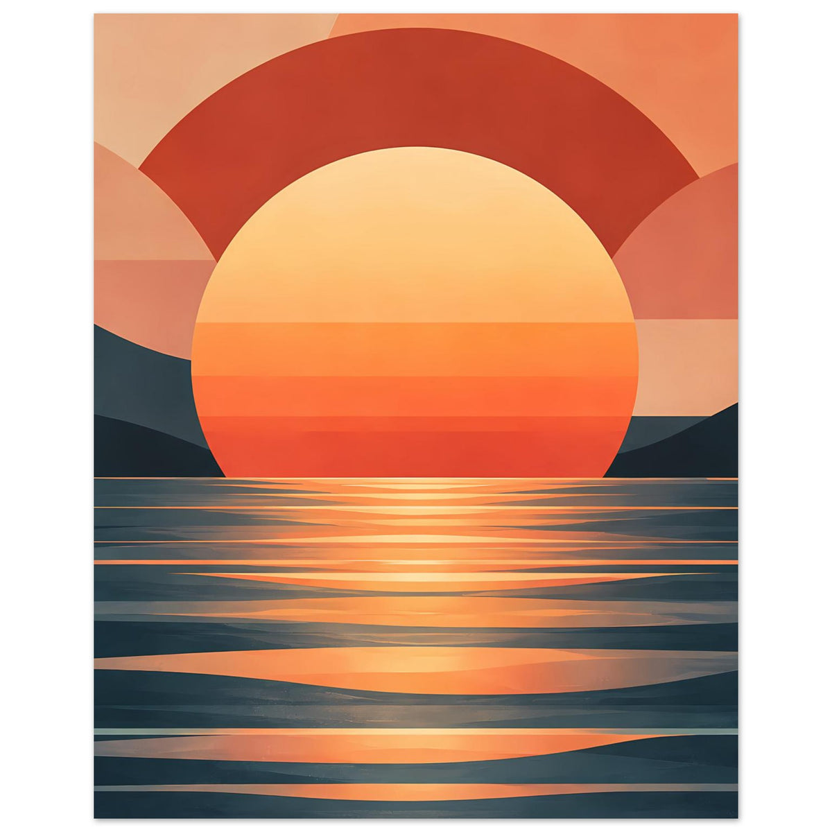 Kunstposter mit großer Sonnenscheibe, Wellenstreifen und dunklem Meer im Warmfarbton
