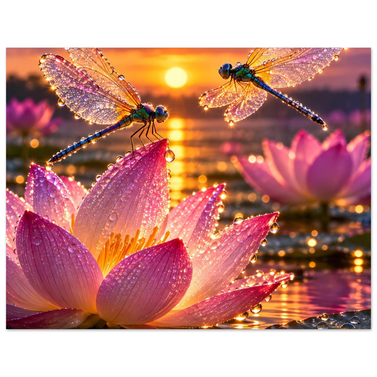 Poster mit schimmernden Libellen auf rosa Lotusblüten und goldener Lichtspur auf Wasser
