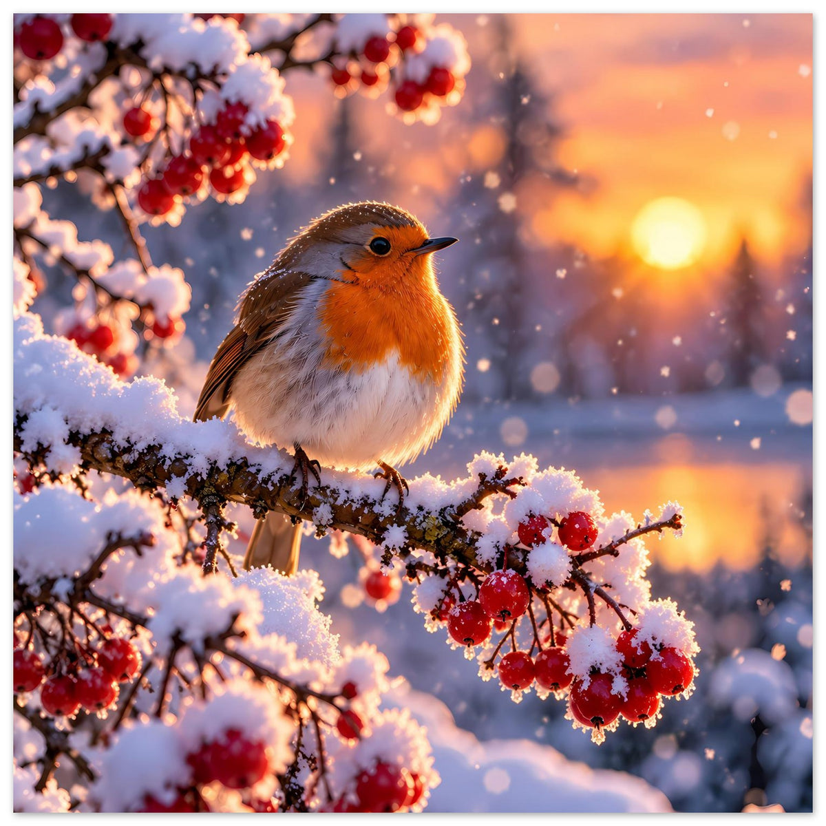 Poster mit Rotkehlchen auf schneebedecktem Ast und roten Beeren im Schnee