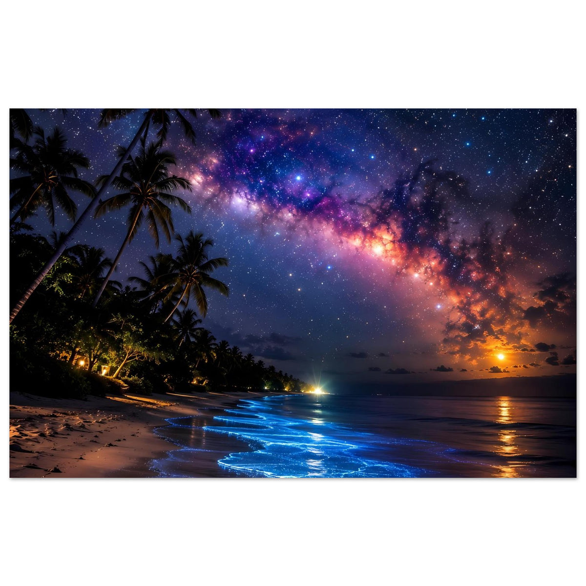 Poster mit tropischem Strand bei Nacht, Palmengen und leuchtender Milchstraße