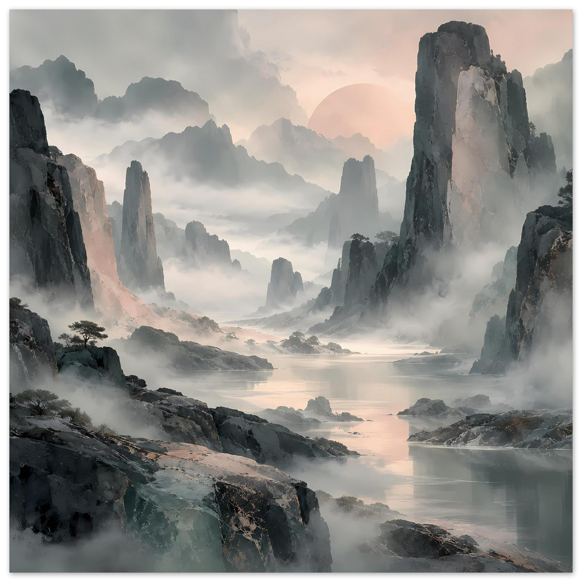 Gerahmtes Querformat-Poster: hohe Felsnadeln im Nebel, Pastellhimmel