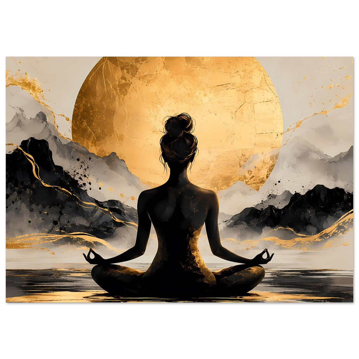 Meditatives Poster mit schwarzer Meditationssilhouette vor goldenem Sonnenkreis