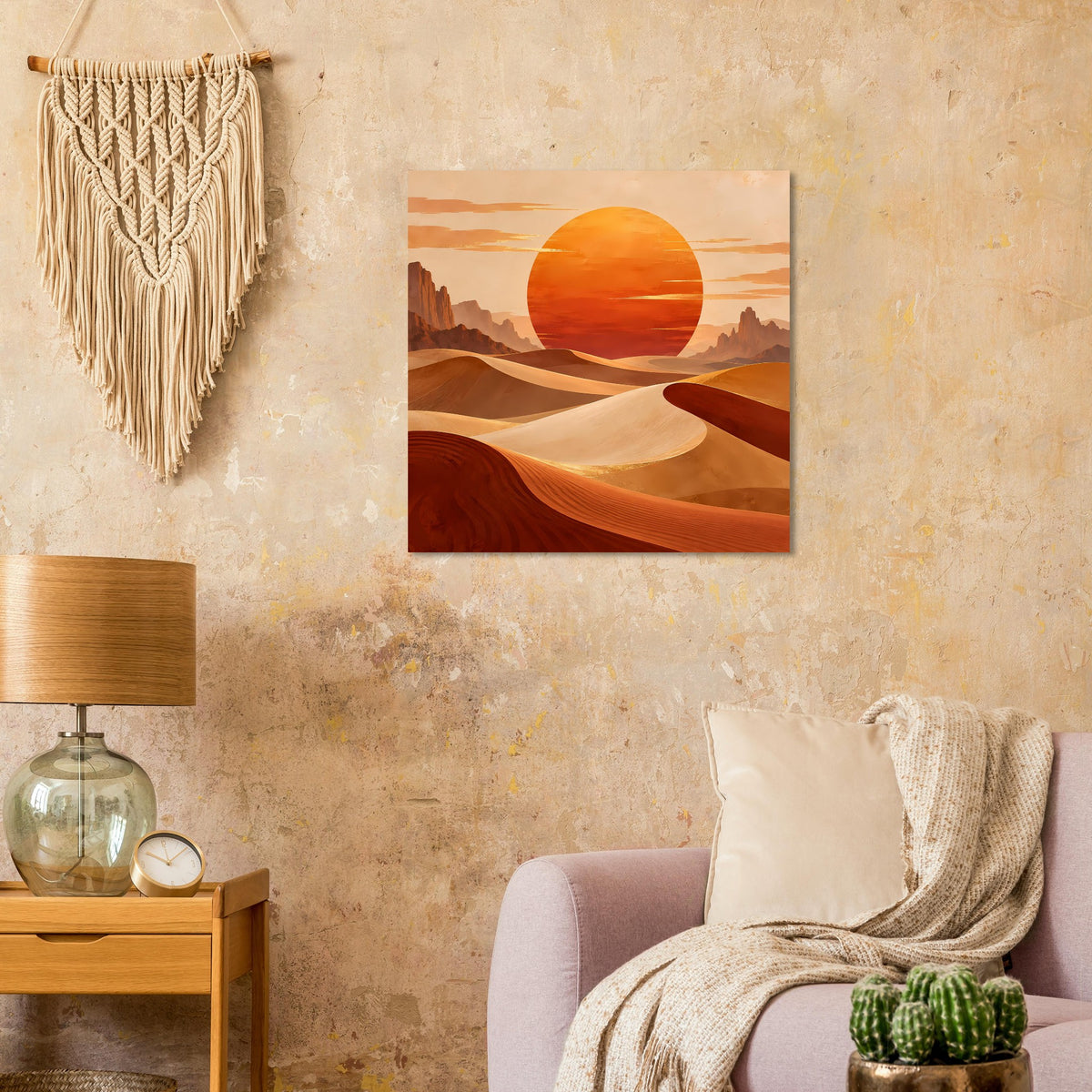 Rechteckiges Poster mit Wüstenlandschaft, großer orangefarbener Sonnenball über Dünen