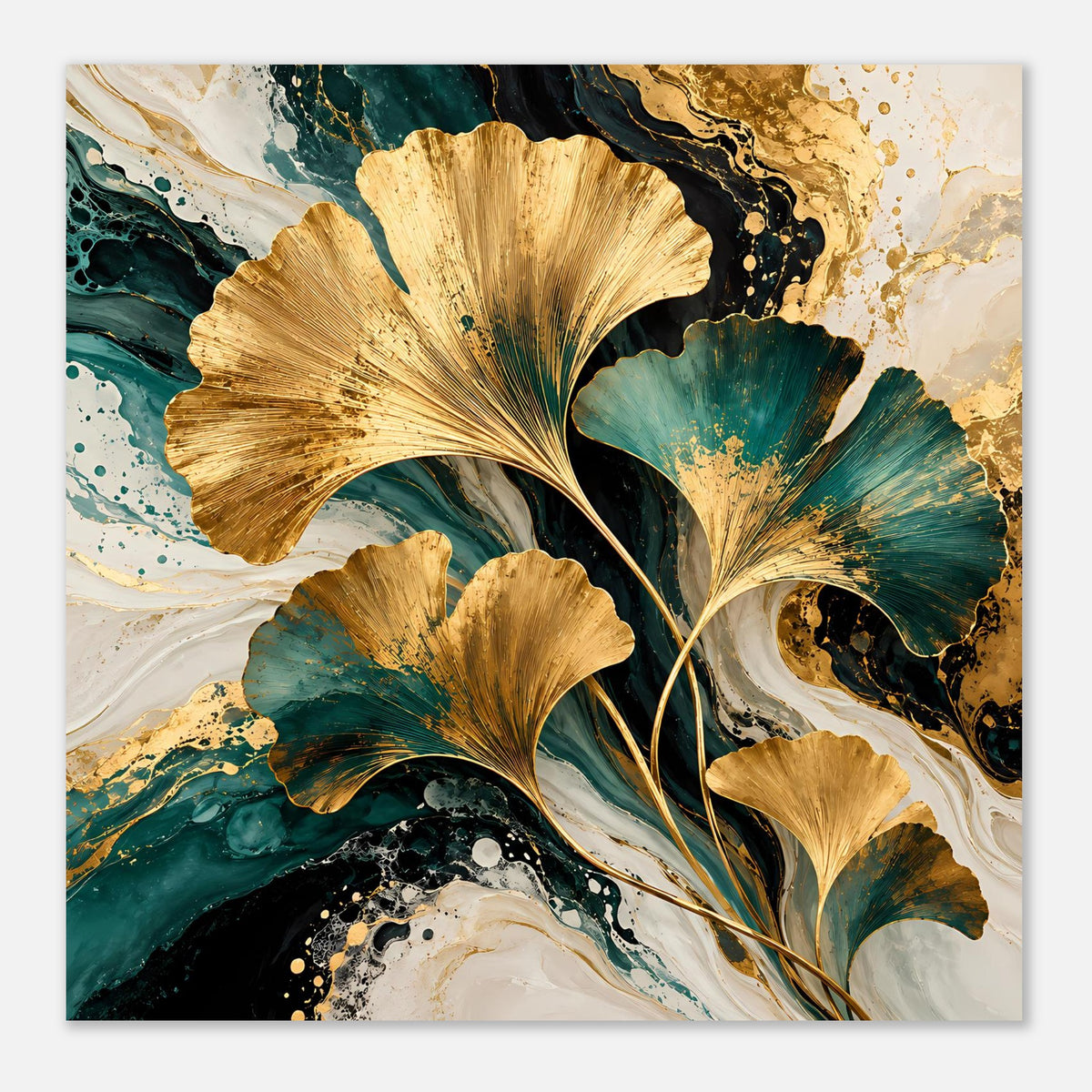 Naturposter im Nahbereich: goldene Ginkgo-Blätter auf türkis-grünem Marmor und Gold