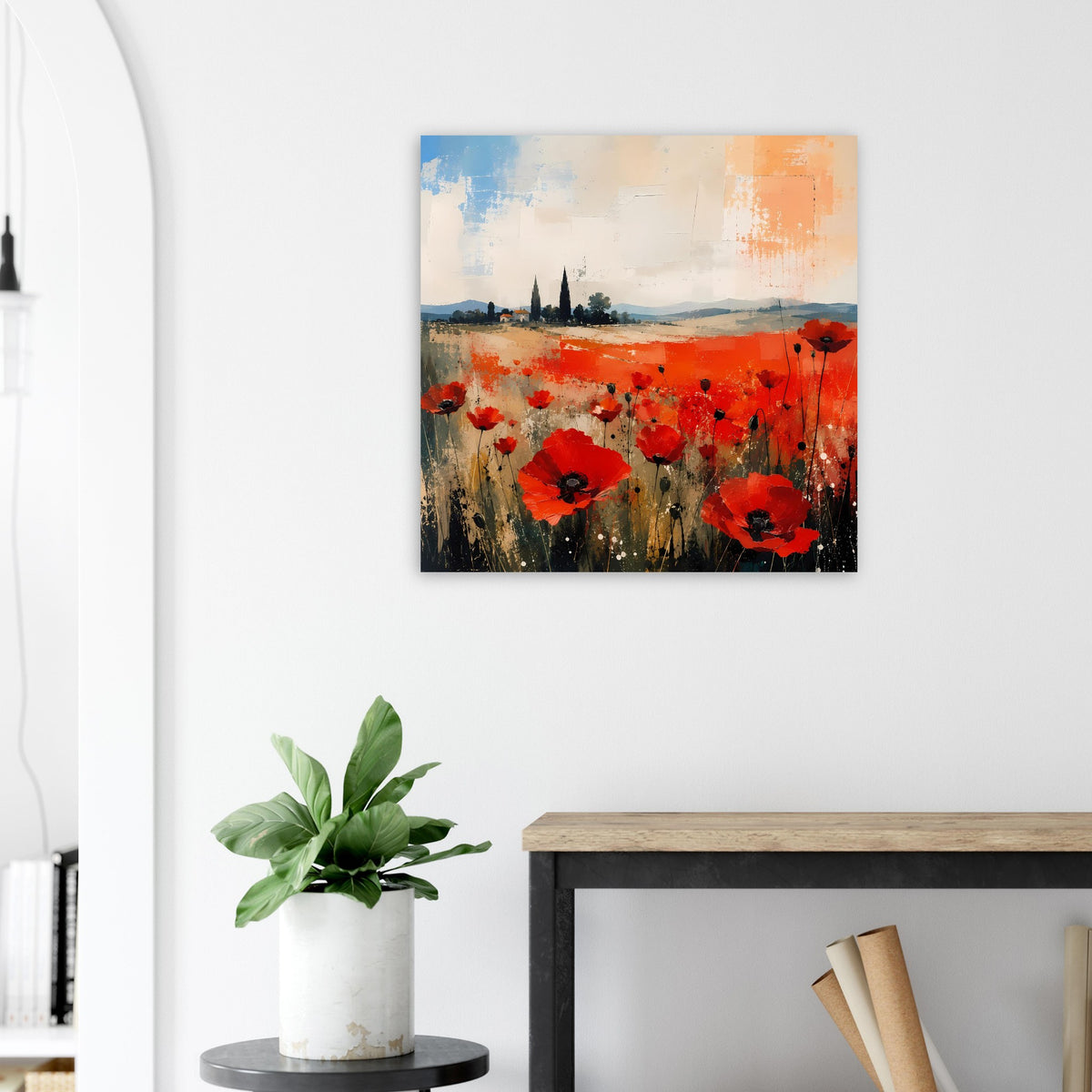 Poster im Quadratformat mit roten Mohnblumen und abstraktem Horizont mit dunklen Silhouetten
