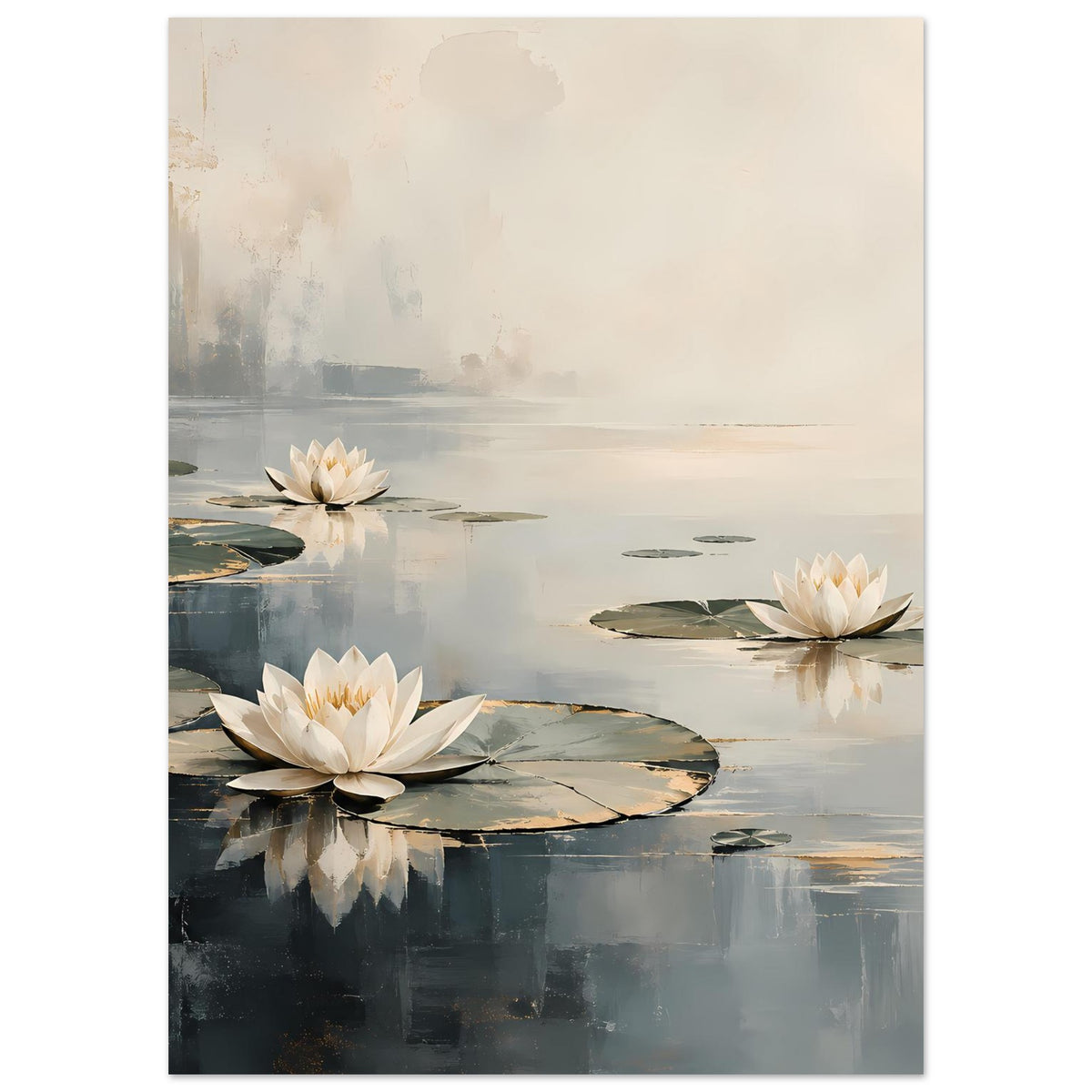 Poster mit Seerosenblüten und runden Blättern, weiche neutrale Farbtöne, Spiegelungen