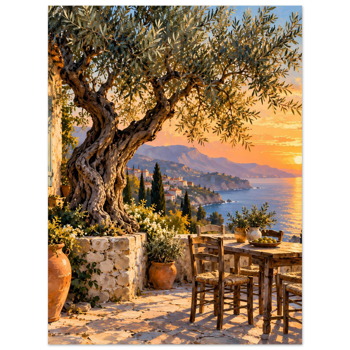 Sonnenuntergangs-Poster mit Olivenbaum, Bucht, Häusern am Hang und Holzbänken
