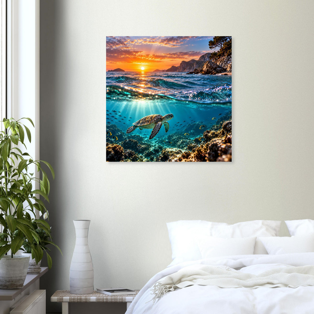 Quadratisches Poster mit Meeresschildkröte unter Wasser, Sonnenuntergang über der Küste