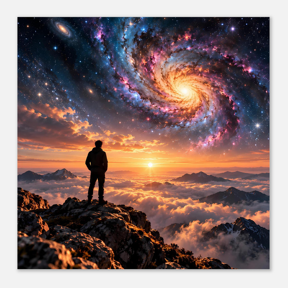 Landschaftsposter mit Silhouette, Spiralgalaxie über Wolkenmeer und Sonnenuntergang