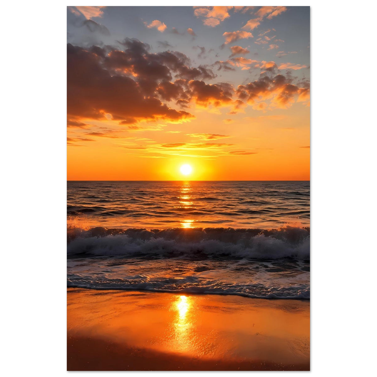 Hochformat-Poster mit Sonnenuntergang über dem Meer, Strand und spiegelnde Sonne