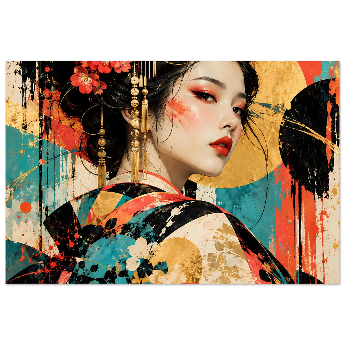 Kunstposter: Geisha-Gesicht mit rotem Lippenstift, bunte Abstraktbilder, goldene Ketten und Blumen