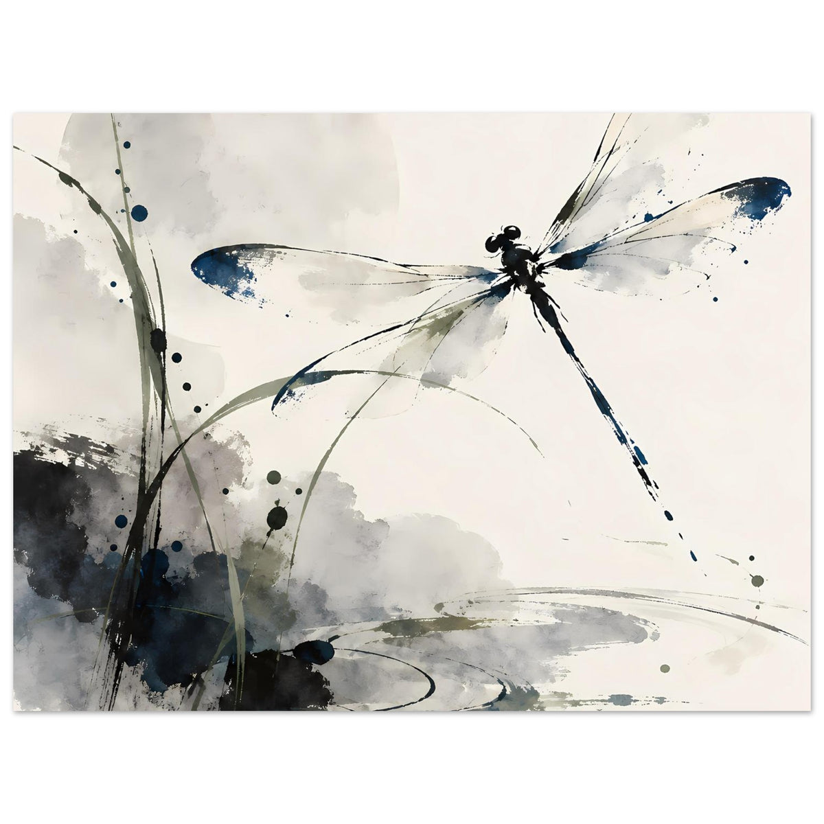 Aquarell-Poster mit großer Libelle in Blau und Grau, abstrakte Linien