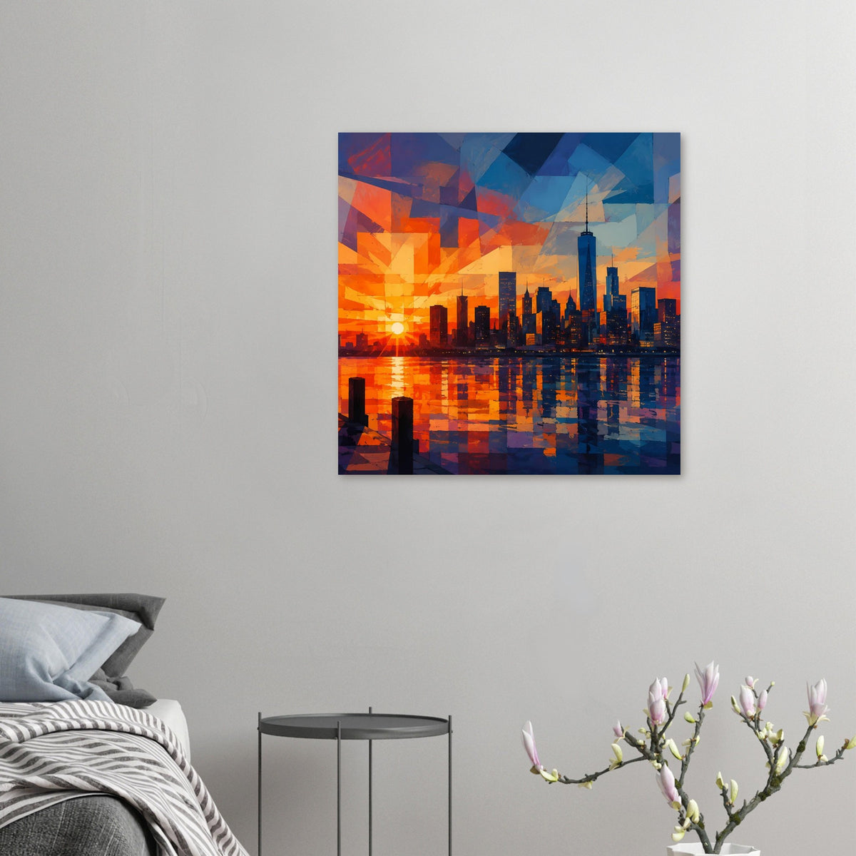 Kleines Poster mit geometrischer Skyline im Sonnenuntergang, orange-blaue Farbtöne und Wasserreflexion