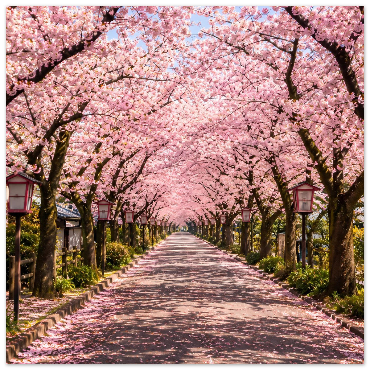 Kirschenblütenallee Poster mit rosa Blüten über einem Weg zwischen Baumreihen und Laternen