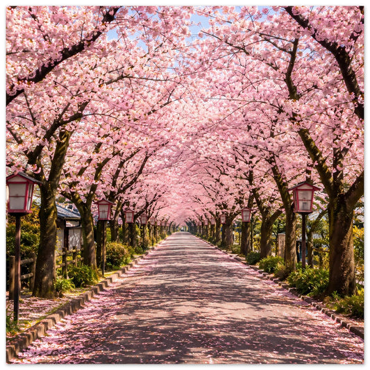 Kirschenblütenallee Poster mit rosa Blüten über einem Weg zwischen Baumreihen und Laternen