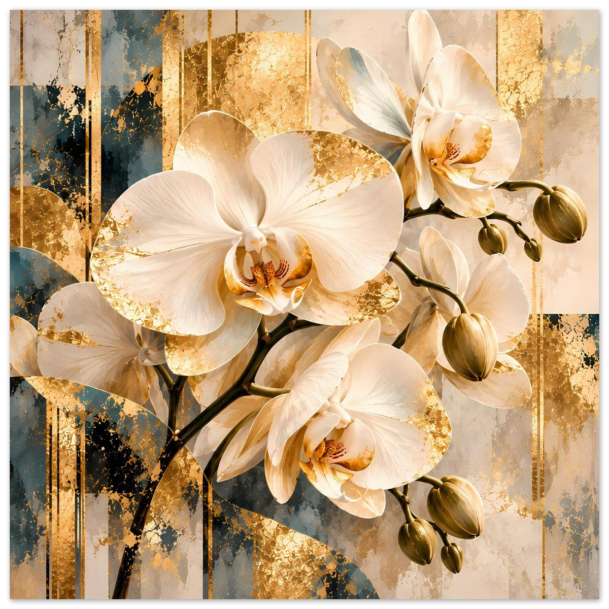 Orchideen-Poster mit weißen Blüten und goldenen Sprenkeln, abstrakte Farbfelder