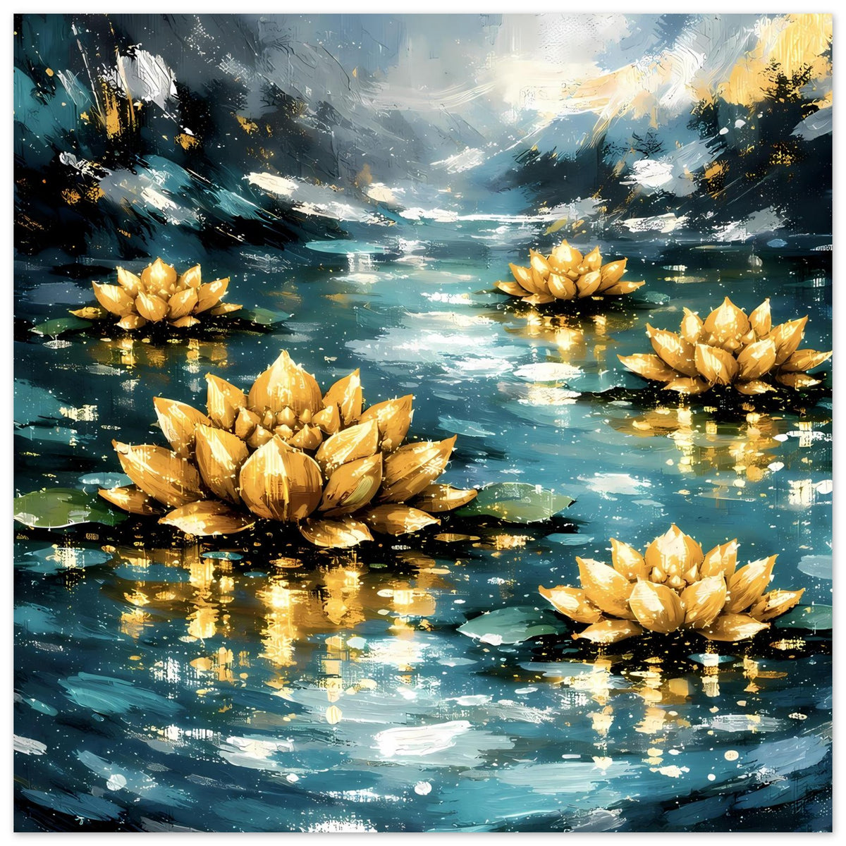Poster: goldene Lotusblüten schwimmen im Wasser, umgeben von Licht und Farbschleiern