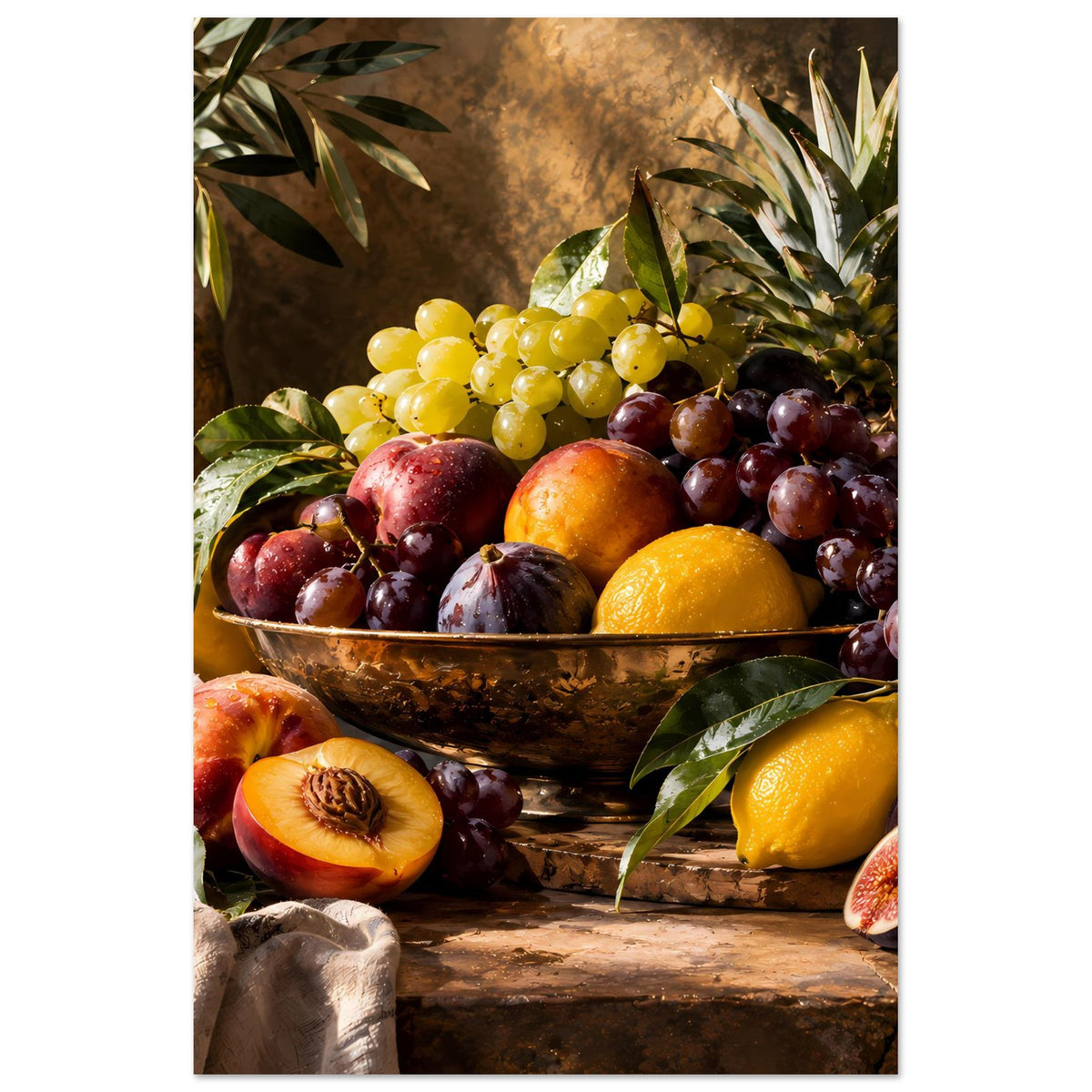 Stillleben-Poster im Hochformat: Obstschale mit Trauben, Pfirsichen und Zitrusfrüchten