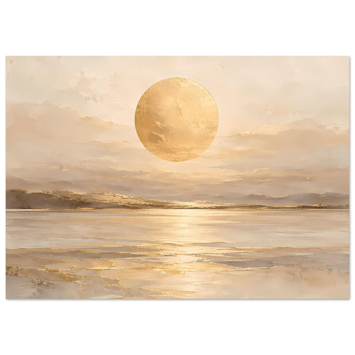Kunstposter: goldene Sonne am Horizont über Wellen und Nebel, beige Farben