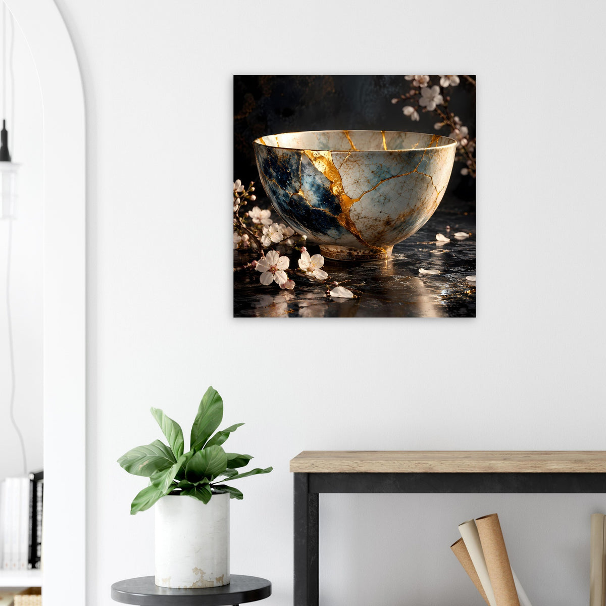 Kintsugi-Elegance-Poster: goldumrandete Schale mit Rissmuster und Blütenstaub