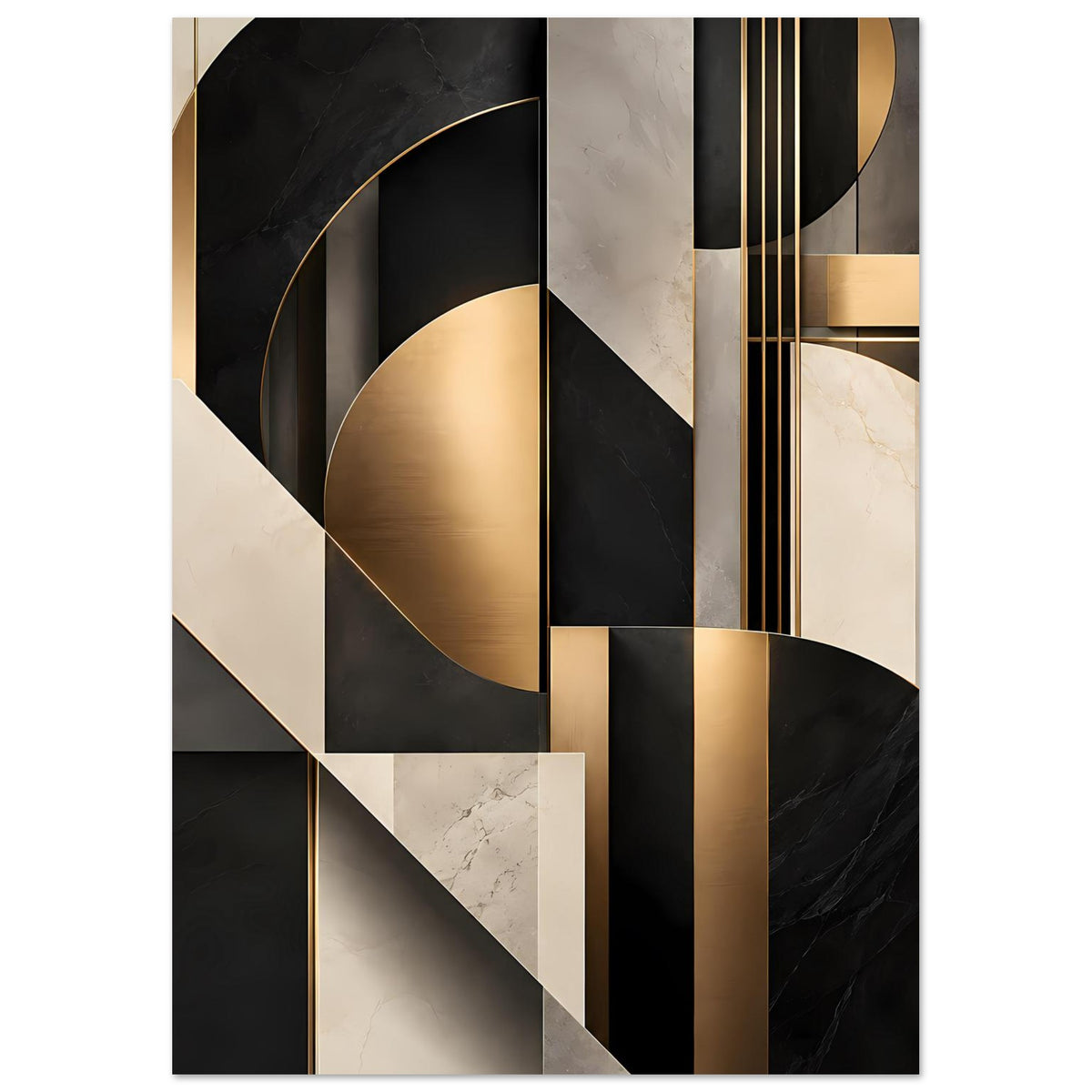 Geometrisches Kunstposter, vertikal: Goldbögen, Marmorflächen und schwarze Flächen mit goldenen Linien.