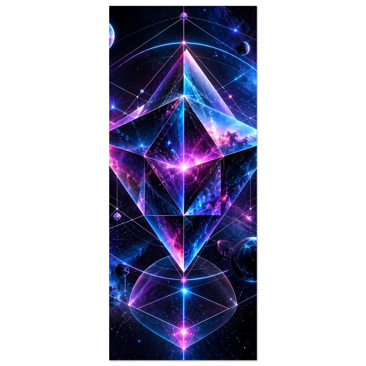 Hochformat-Poster mit Cosmic-Geometry-Motiv: sternförmige Grafik aus Dreiecken, Planeten