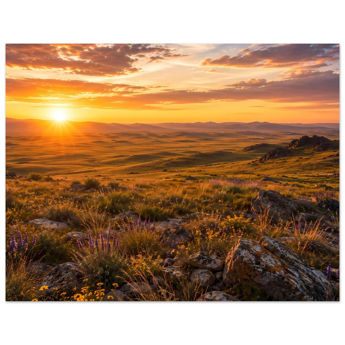 Horizontales Landschaftsposter mit Sonnenuntergang, goldenem Licht, Grasland und Felsvordergrund