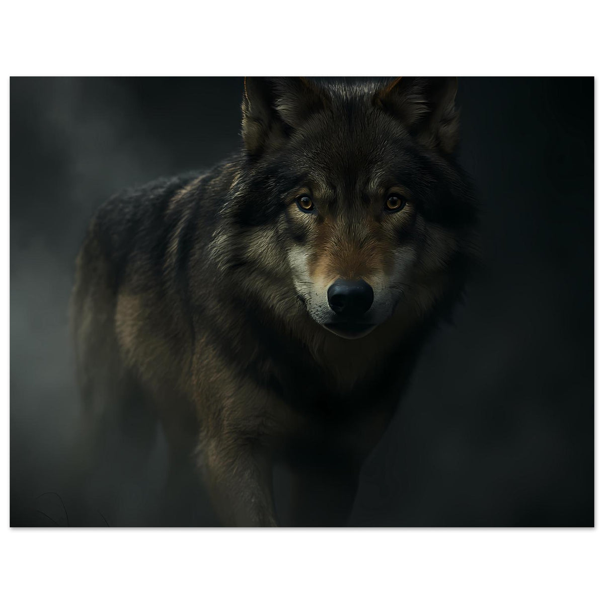 Wolfsposter im Querformat: Blick nach vorn, Wolfskopf mit gelben Augen und dunklem Fell