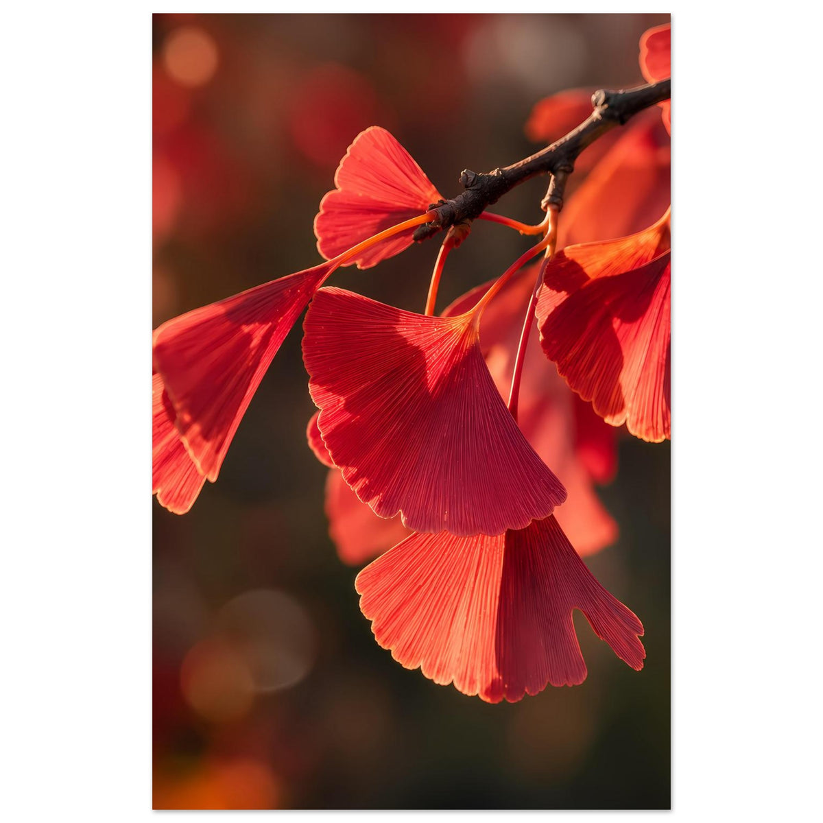 Premium-Mattposter mit roten Ginkgo-Blättern am Ast, rechteckiger Bildausschnitt mit Rand