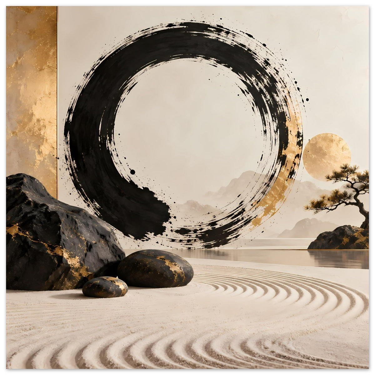 Abstraktes Zen-Poster mit schwarzem Pinselkreis und goldenem Lichtakzent