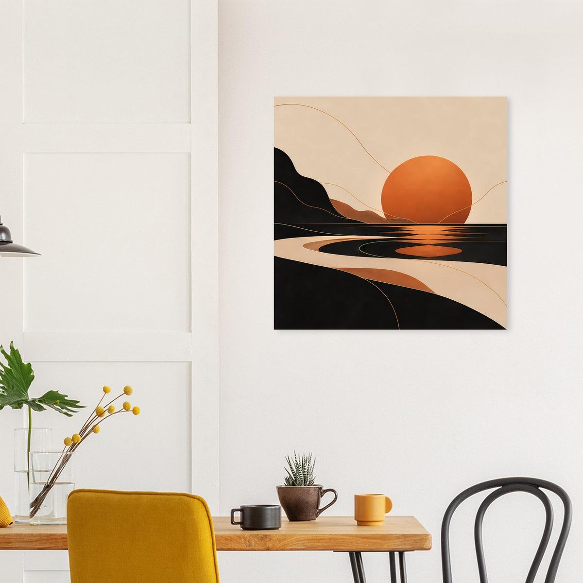 Wandposter mit abstraktem Sonnenuntergang: orangefarbene Kugel, schwarze Uferform, beige Hintergr.