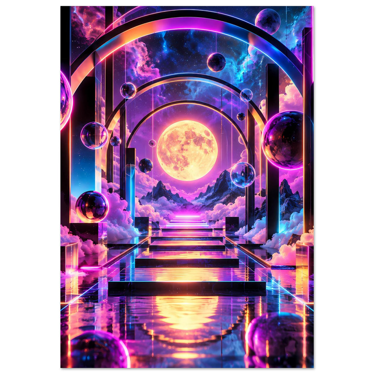 Vertikales Poster mit leuchtender Sonne im Rundbogen, Planeten, violettem Neon und Wolken