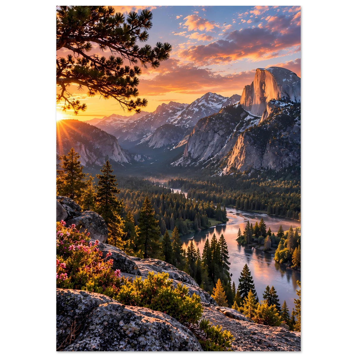 Poster im Hochformat mit Sonnenaufgang über Bergtal und Fluss, umrahmt von Tannen