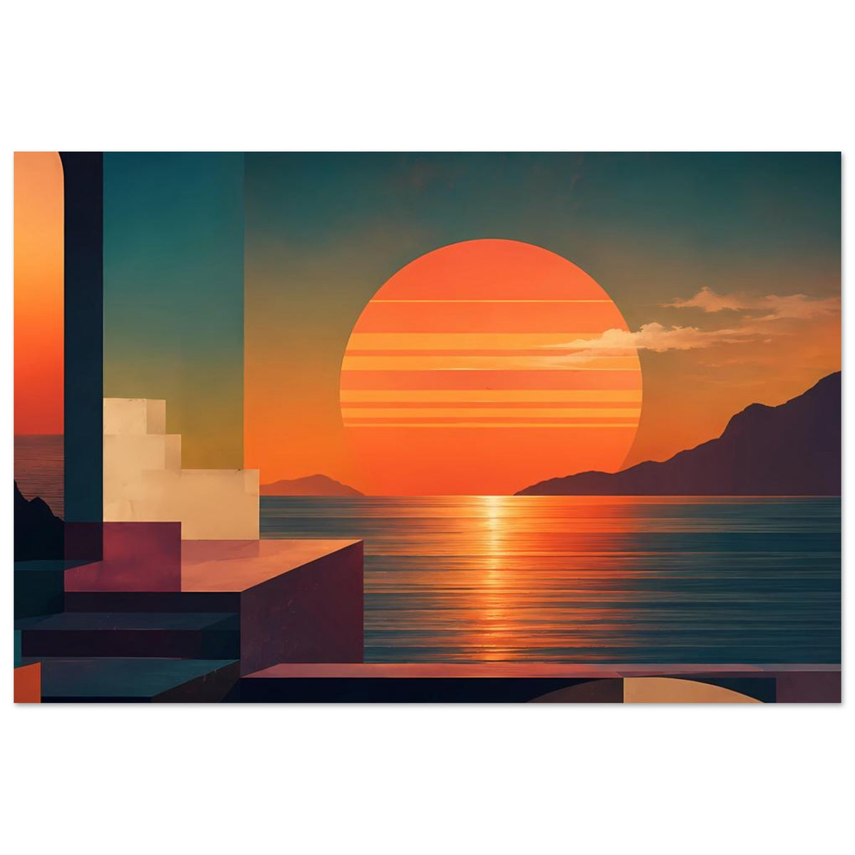 Horizontaler Küsten-Kunstdruck mit orangefarbener Sonne, Wasserreflex und geometrischen Stufen