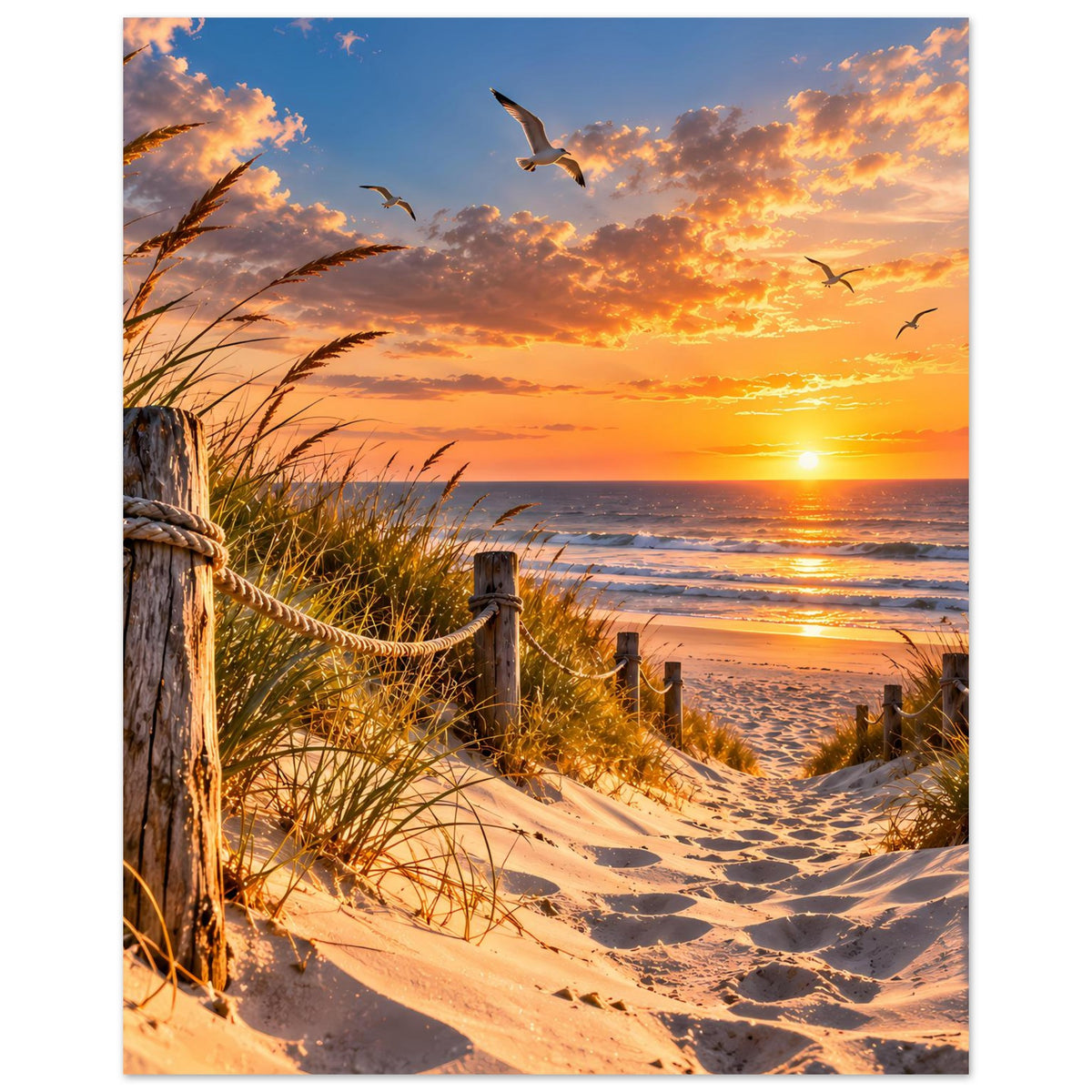 Vertikales Strandposter mit Sonnenuntergang, Sanddünen, Dünengras, Holzpfähle und Möwen
