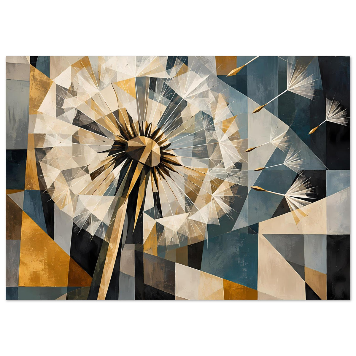 Geometrisches Löwenzahn-Poster, horizontal: polygonaler Löwenzahn in Erdtönen und Blau