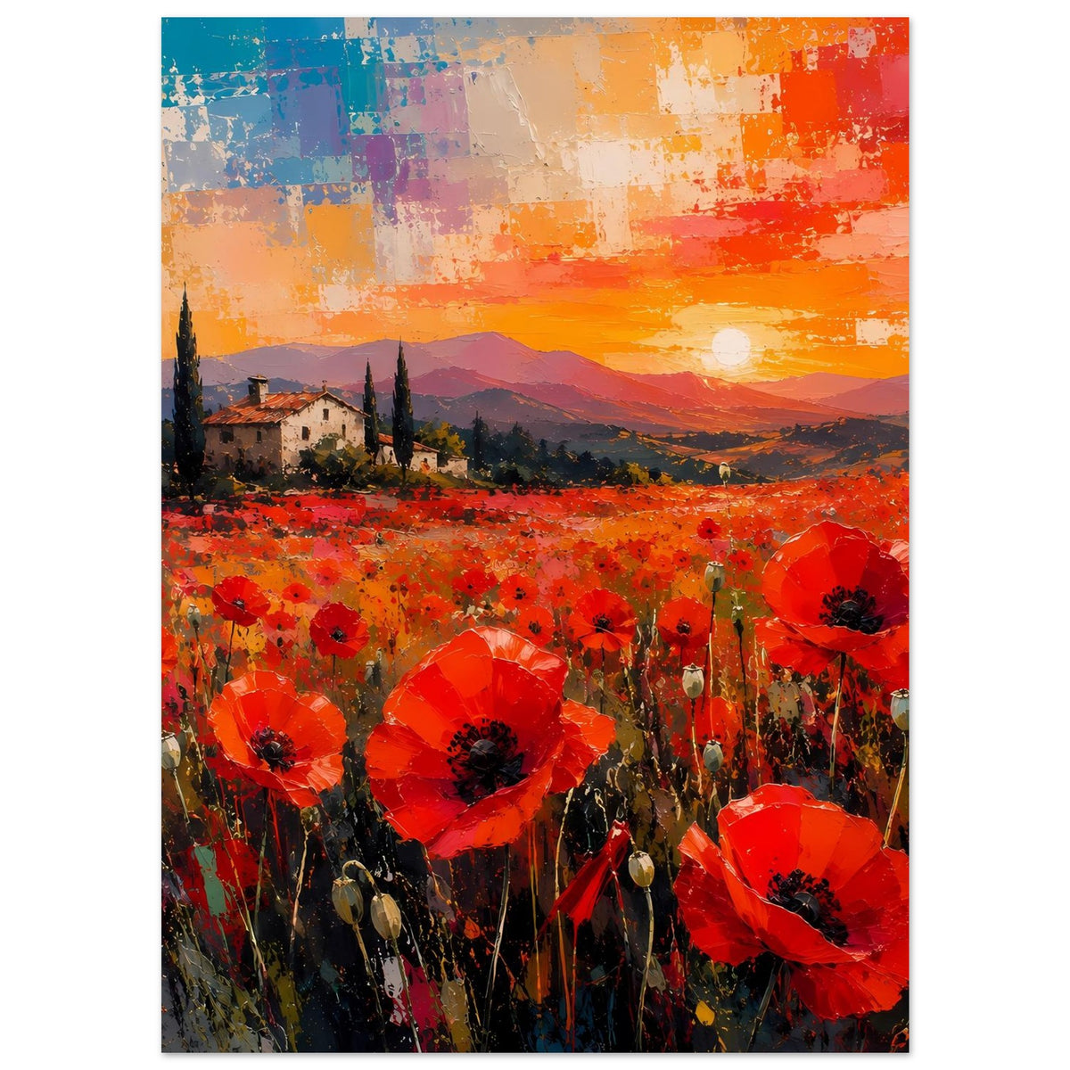 Poster mit rotem Mohnblumenfeld, zerklüftetem Stil-Himmel und Abendsonne über Bergen