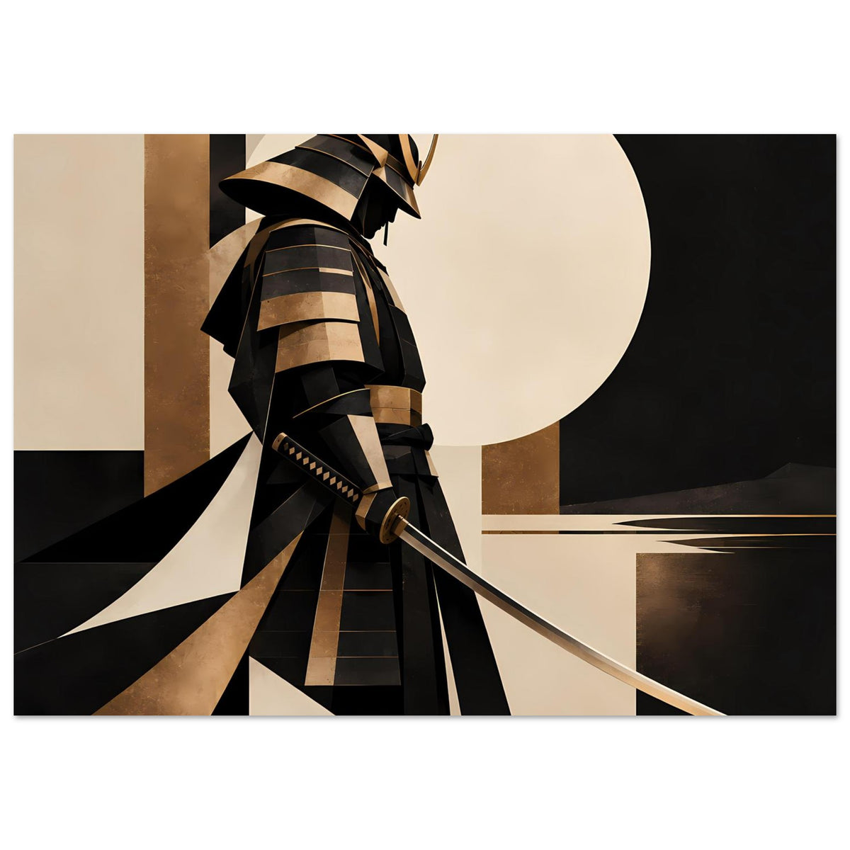 Samurai-Kunstdruck: geometrische Rechtecke, Schwert, Gold-Schwarz und großer Kreis