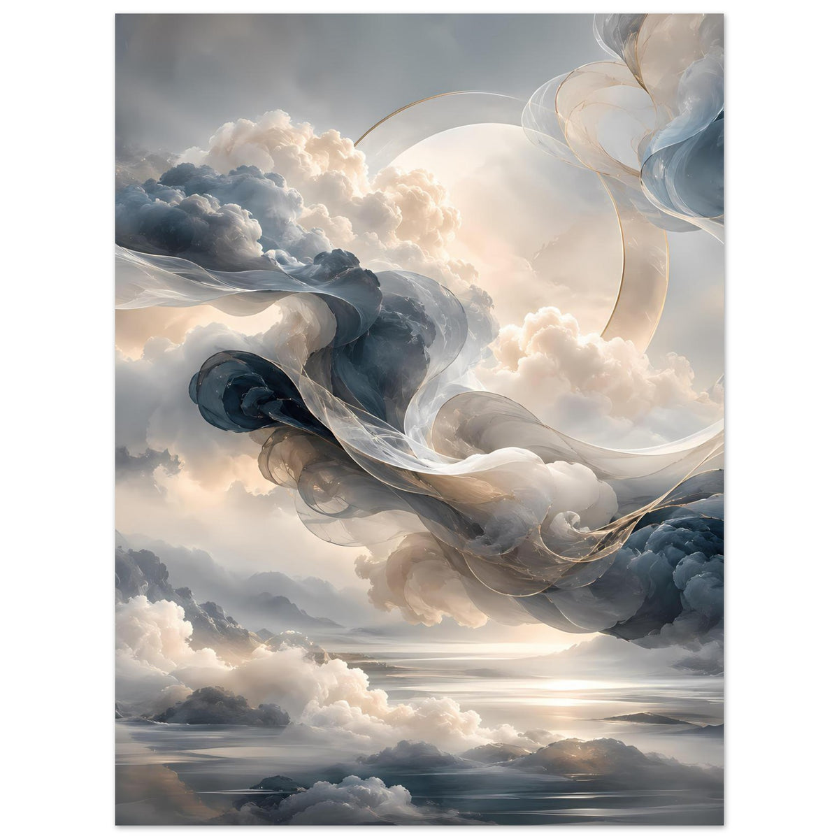 Poster mit wolkigem Himmel und langen, geschwungenen Wolkenlinien im Vordergrund