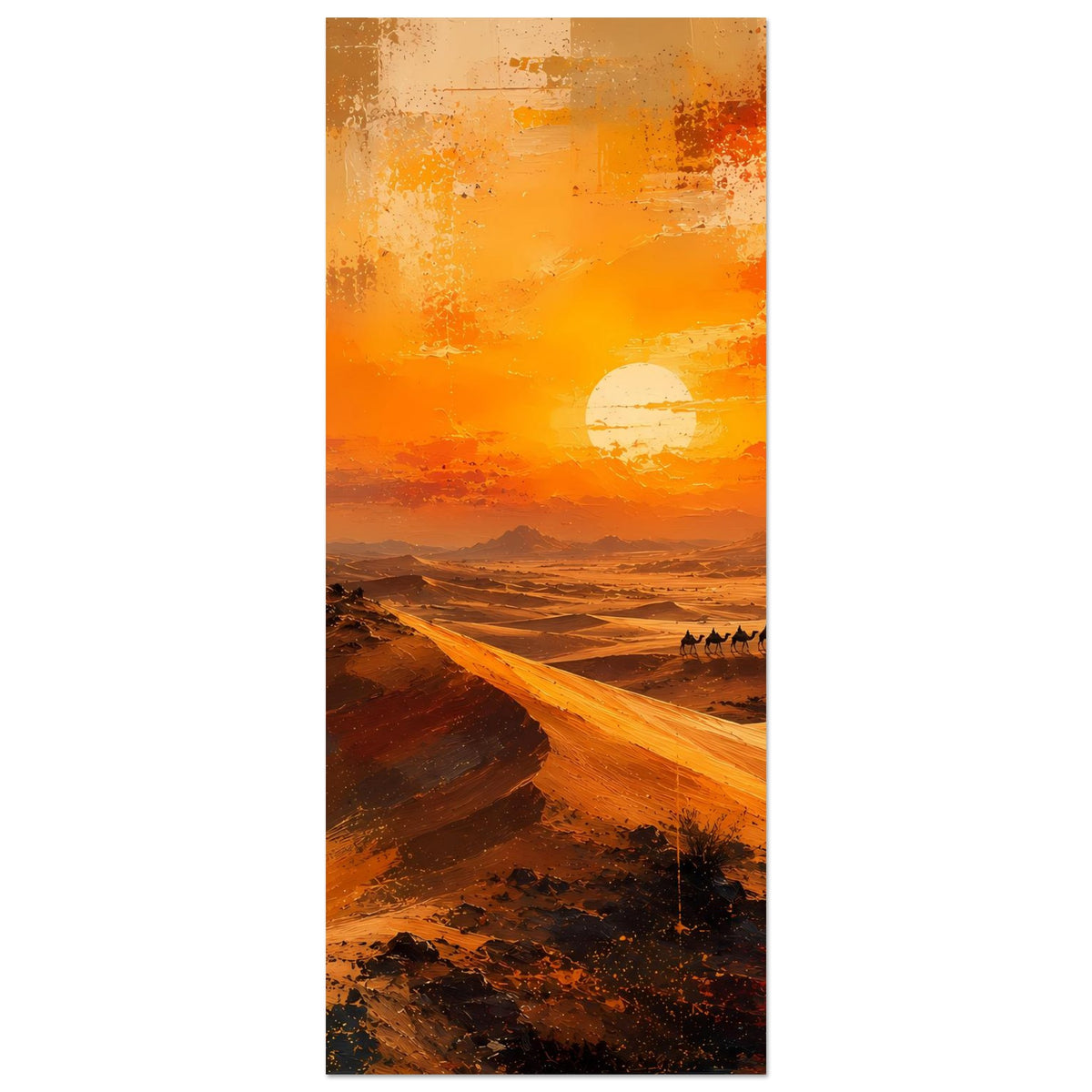 Vertikales Wüstenlandschafts-Poster mit Palmen, Karawane und Sonnenuntergang über Dünen