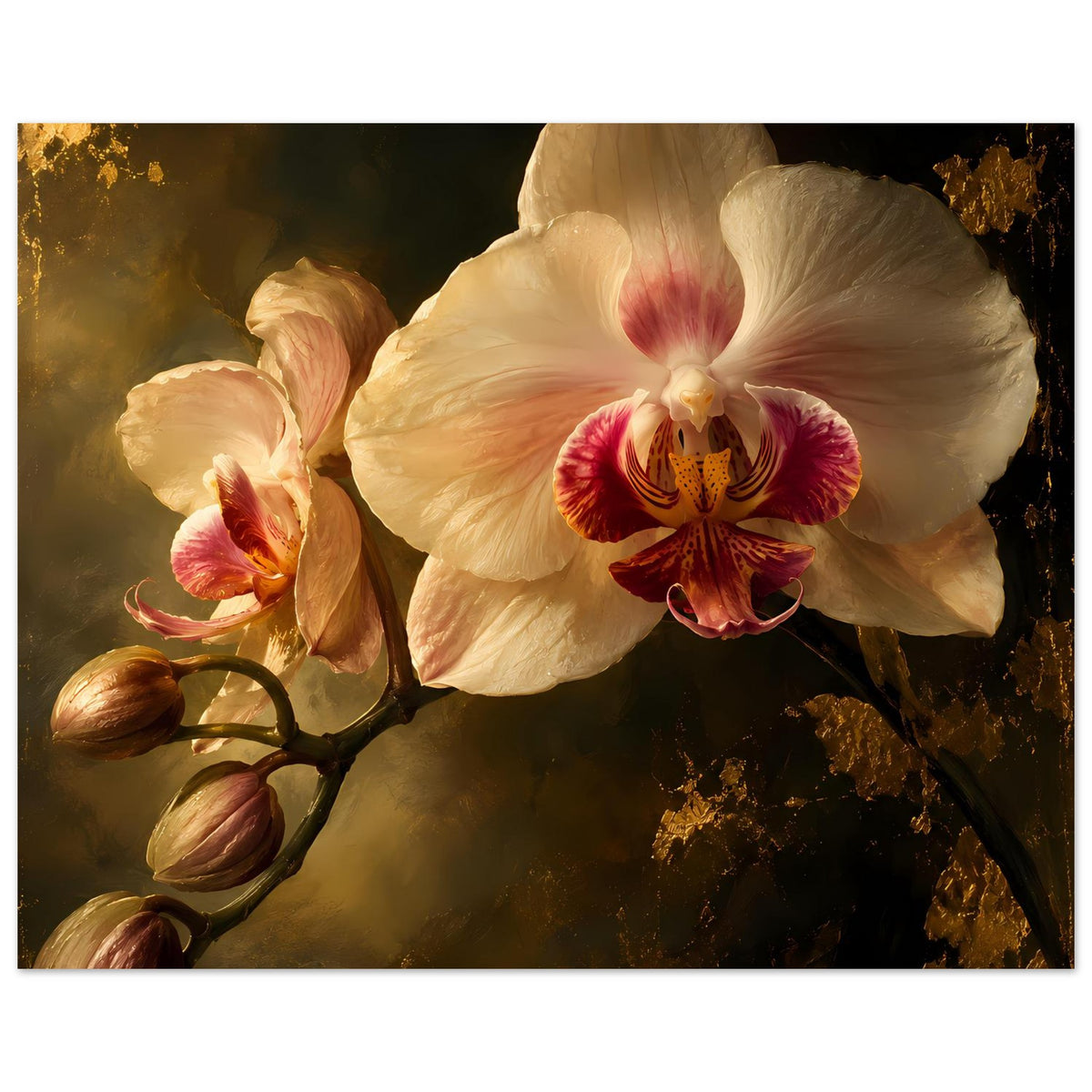 Orchideenposter: cremeweiße Orchideenblüte mittig, rosafarbenes Zentrum, links mehrere Knospen