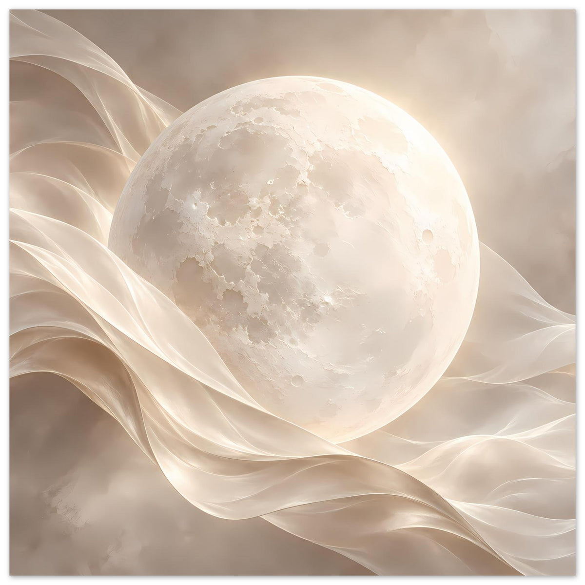 Poster im Hochformat mit leuchtendem Mond und langen, fließenden hellen Stoffwellen