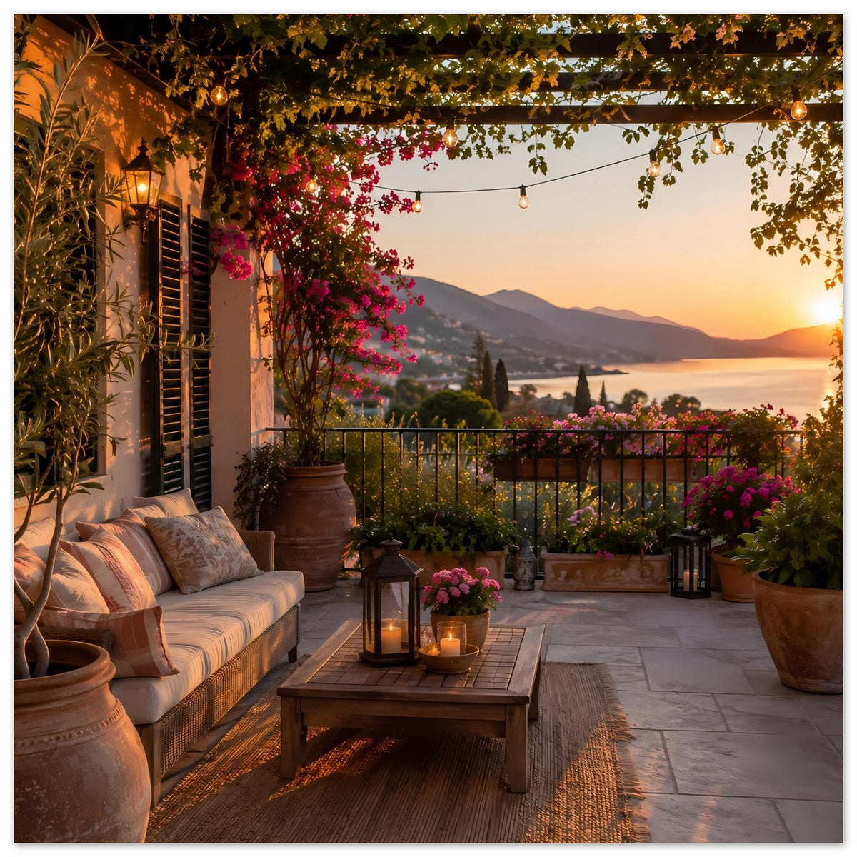 Terrassen-Poster: Sonnenuntergang über Bergen, Balkon, Lichterkette, Laterne und Kissen