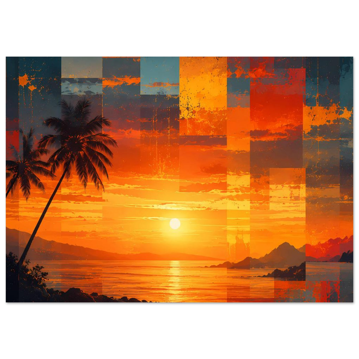 Kunstposter mit Sonnenuntergang über Meer, Palme links, Orange Patchwork-Optik
