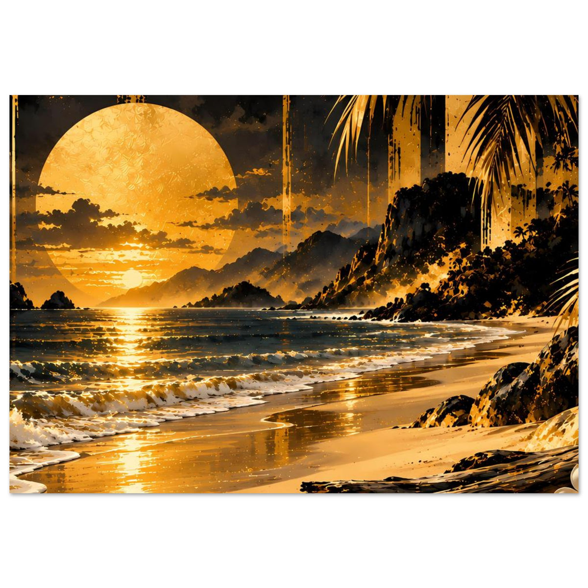 Horizontales Poster mit Sonnenuntergang am Strand, goldenen Wellenreflexen und Palmen.