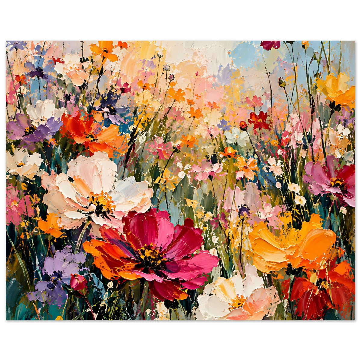 Rechteckiges Blumenposter mit dichtem Blütenmeer in Orange, Pink, Rot und Lila