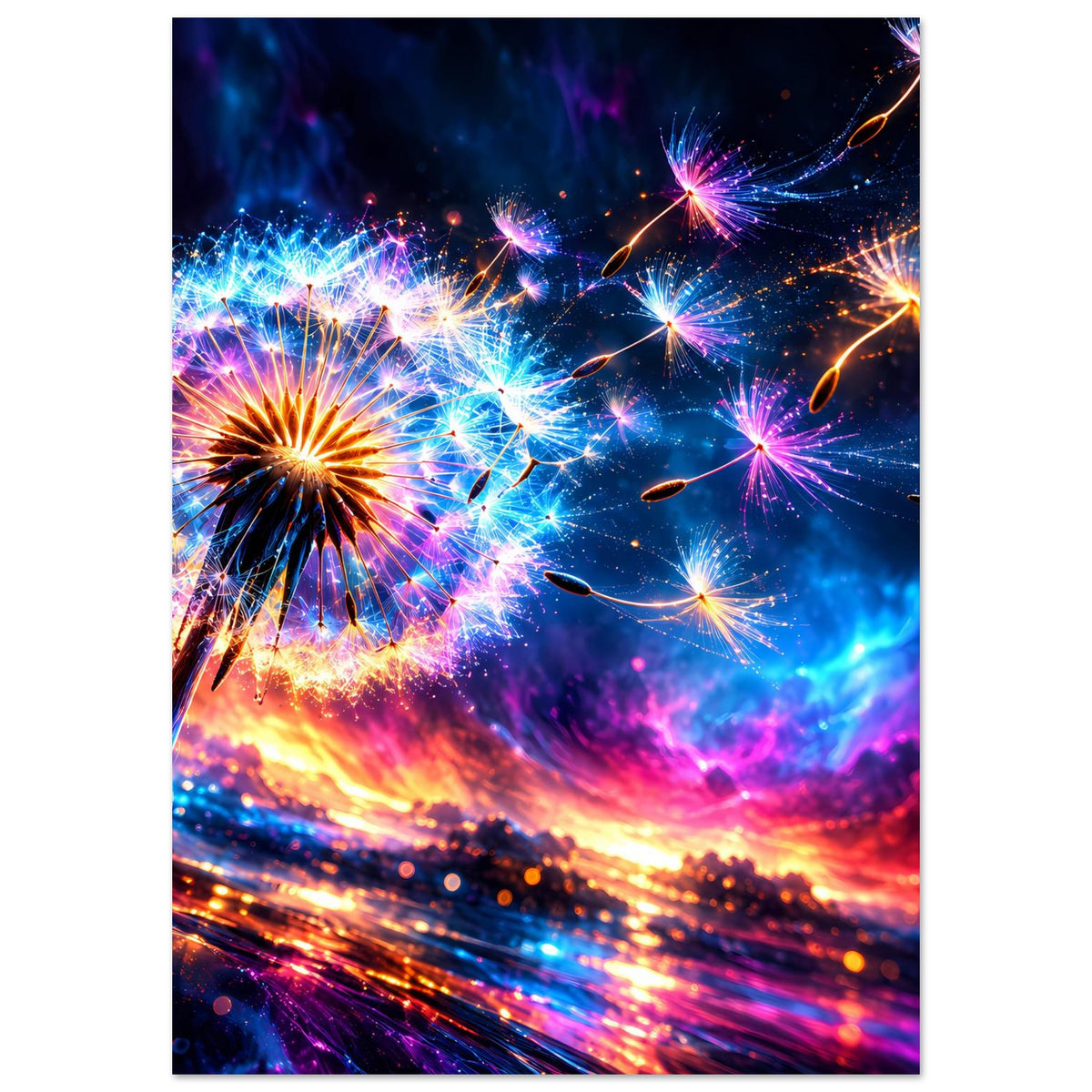 Hochformatiges Neon-Feuerwerks-Poster mit leuchtenden Fontänen und violetten Farbwolken