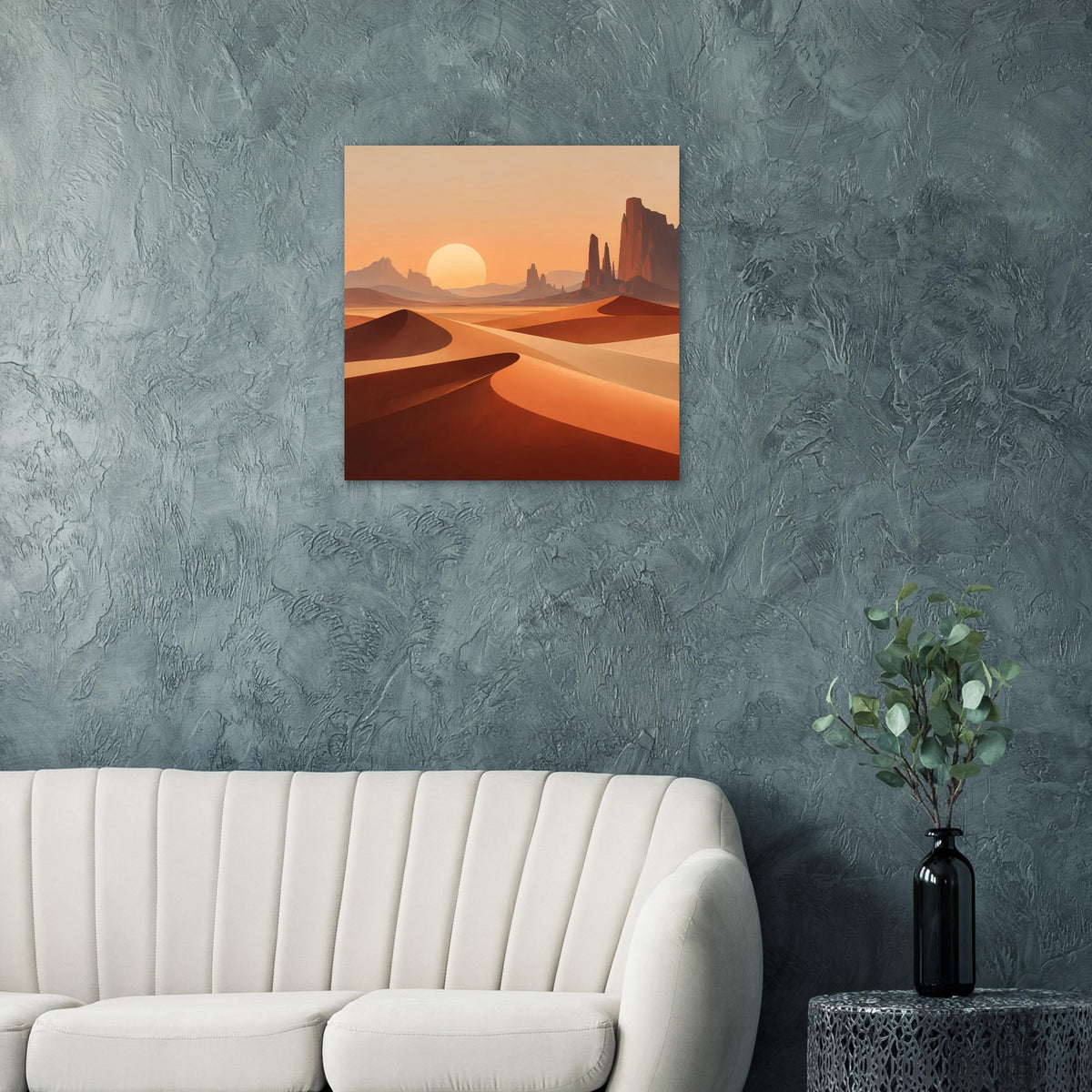 Gerahmtes quadratisches Poster mit Wüstenszene: orange Dünen, Sonne am Horizont, Felsen