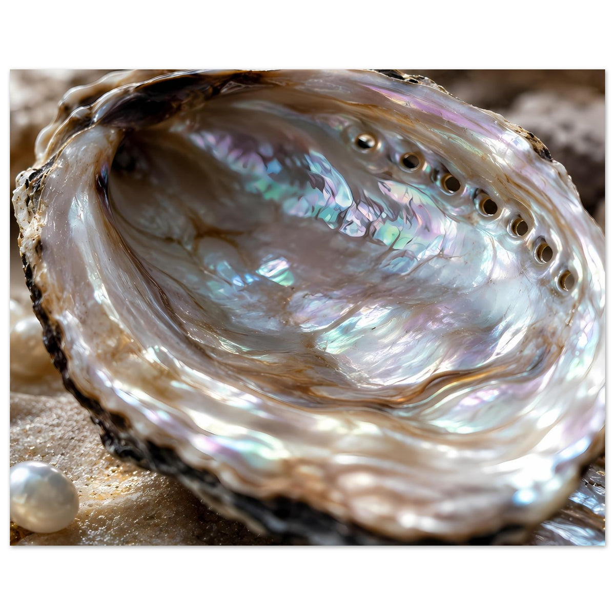 Abalone-Muschel, Nahaufnahme der schillernden Perlmutschale mit Öffnungen